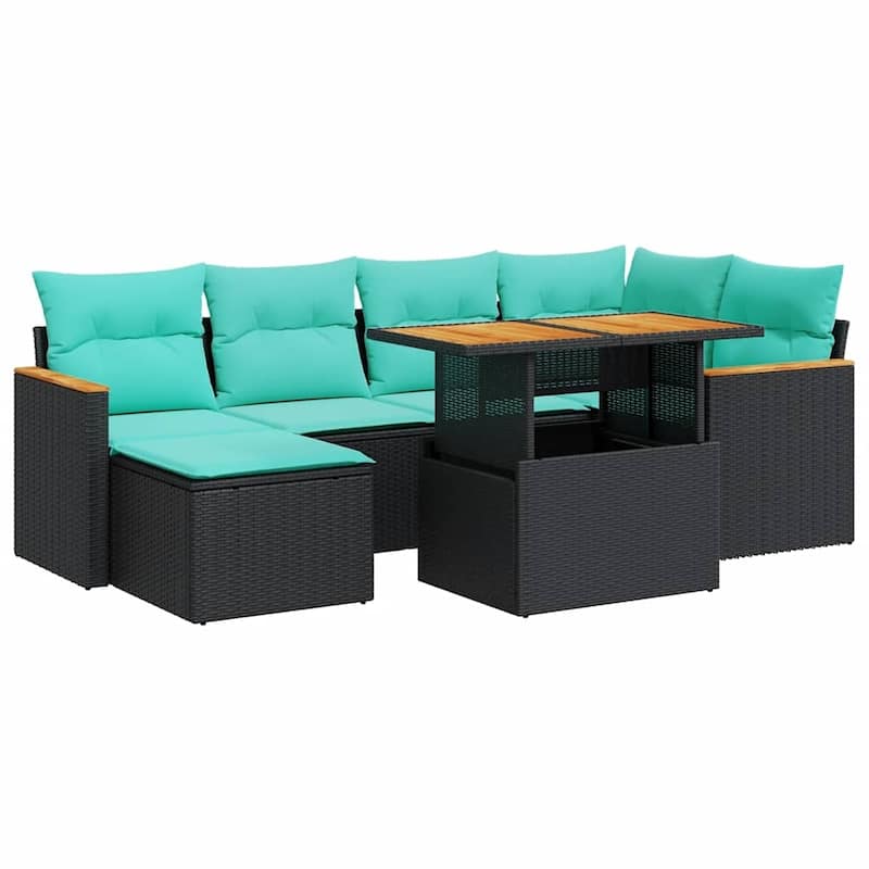 vidaXL 7 Piece Patio Sofa Set with Cushions Black Poly Rattan - 21.7 x 24.4 x 27.2