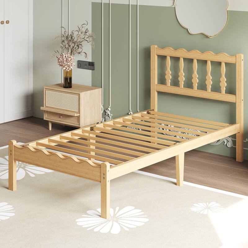 Solid Bamboo Bed Frame with Headboard, Heavy Duty Metal Slat Support, Easy Assembly