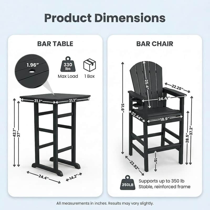 3-Piece HDPE Bar-Height Patio Bistro Set, 42.1" Square High Top Pub Table + 2 Bar Chairs, All-Weather Outdoor Dining Set
