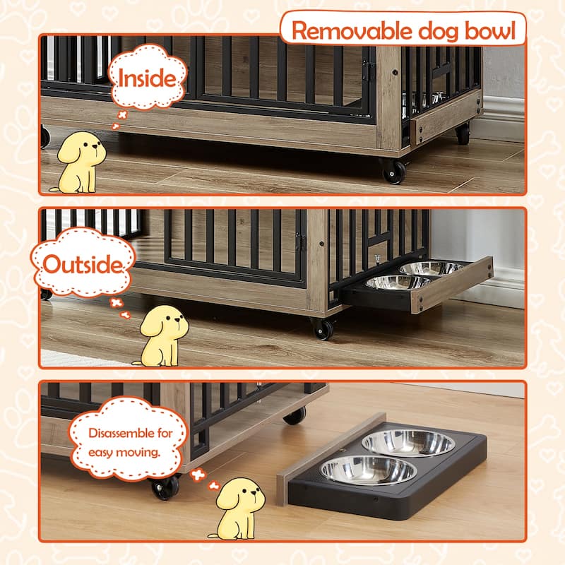 Dog Crate Furniture with Pull-Out Dog Bowls,Wooden Dog Kennel End Table with Wheels & Flip-Top,Indoor Dog House