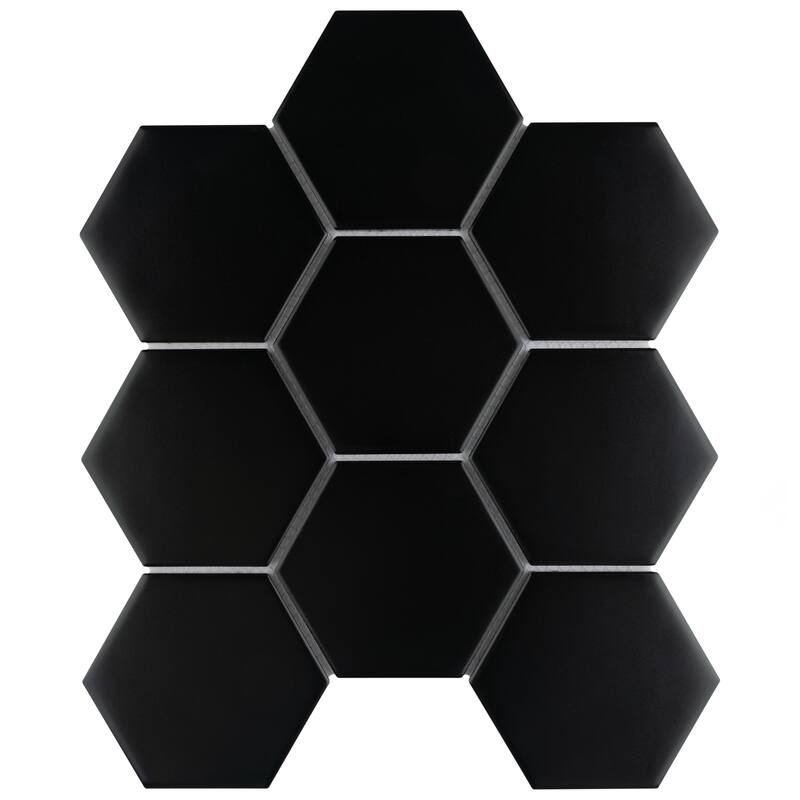 Merola Tile Metro 4" Super Hex Matte Black 10" x 11-1/2" Porcelain Mosaic Tile
