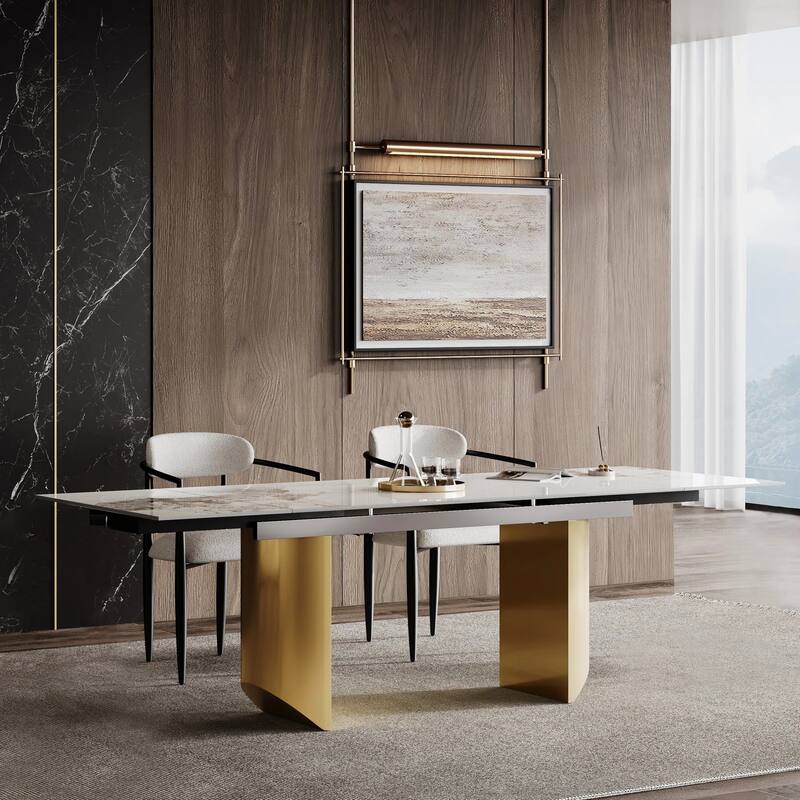 94.48" Extendable Rectangular Sintered Stone Dining Table For 6-10 Person