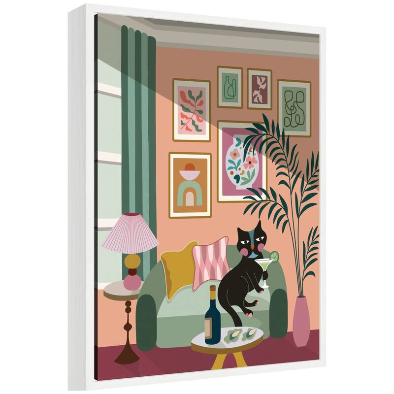 Kate and Laurel Cocktail Cat by Rachel Lee 3 Birdies Studio Framed Canvas Wall Art Print - 18 x 24