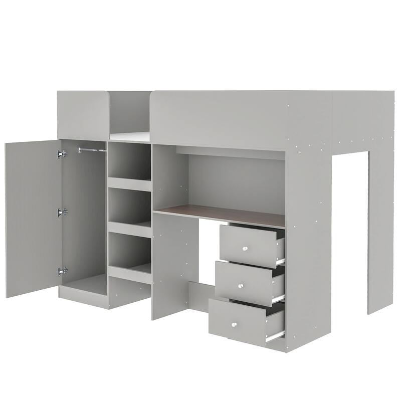 Full Size Loft Bed with Built-in Wardrobe, Desk, Storage Shelves and Drawers, Grey