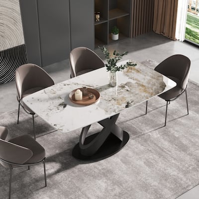 63"Antique White Sintered Stone Table with X Shape Legs