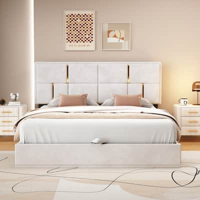 Queen Size Upholstered Platform Bed with Hydraulic Storage System