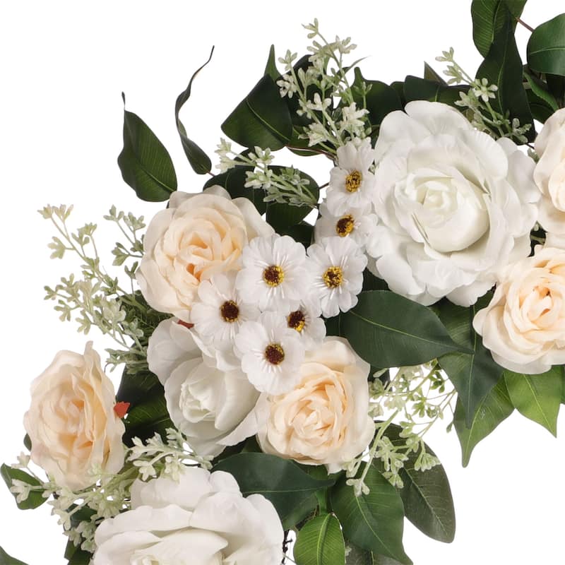Rose and Camellia Floral Artificial Spring Wreath, 30-Inch, Unlit