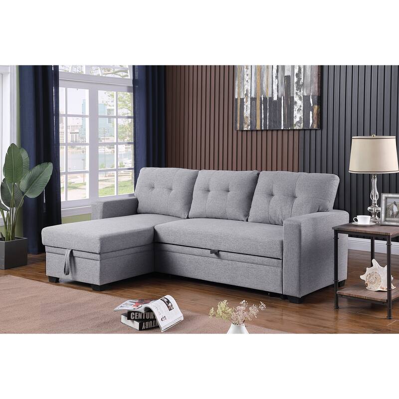 Light Gray Linen Upholstered Pull out Sectional Sofa with Chaise