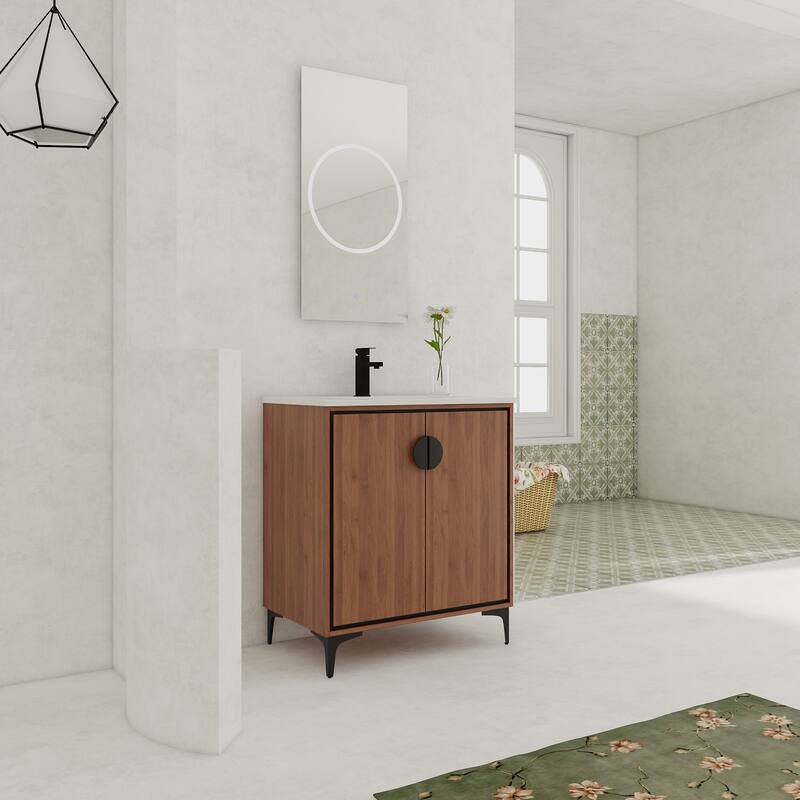 GDFStudio - Levistar Modern Freestanding Bathroom Vanity Cabinet with Ceramic Sink, Soft Close Doors & Metal Tripod - 30"