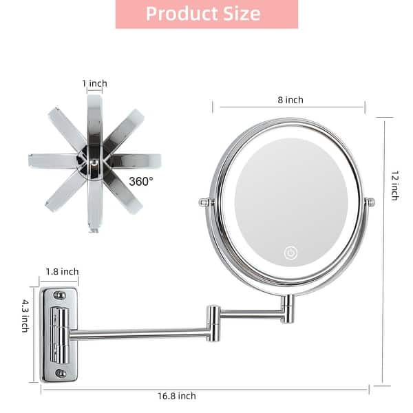dimension image slide 3 of 5, 8 inch Double-Sided Wall Mounted 10X LED Magnifying Bathroom Mirror
