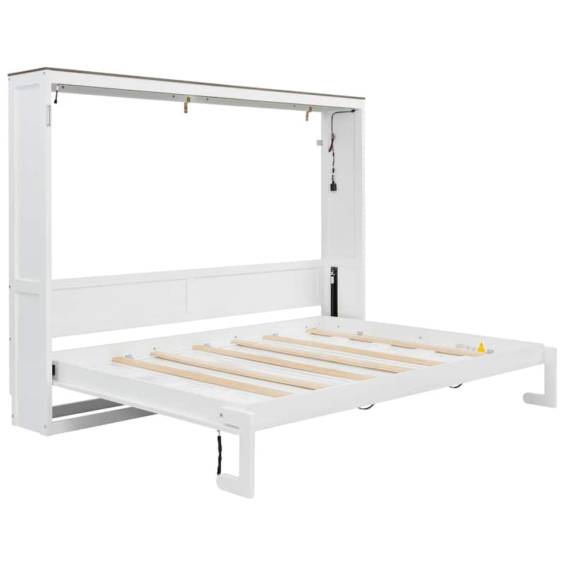 Roomfitters Full/Queen Size Murphy Bed with Desk, LED Light and Hydraulic Lift, Cabinet Design