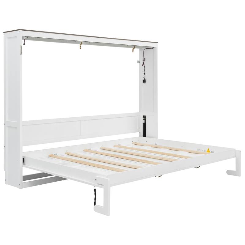 Wooden Murphy Bed with Desk and LED Light/Foldable Wall Bed Cabinet/Hydraulic Lift System/Wood Slats Support/Space-Saving Design