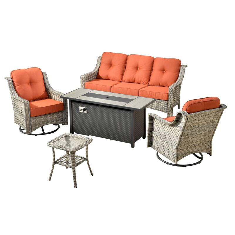 HOOOWOOO 5-piece Rattan Outdoor Patio High Back Swivel Chair Set with 54"Fire Pit