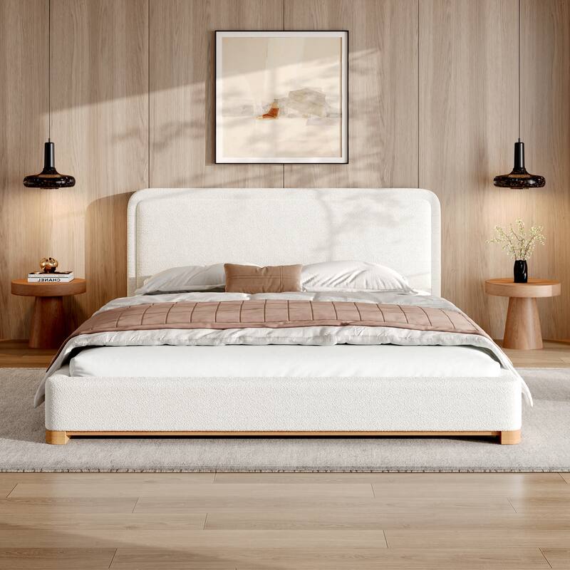 White Platform Bed Wingback Frame with Boucle Upholstered Curved Headboard, Solid Wood Base Low Profile Bed