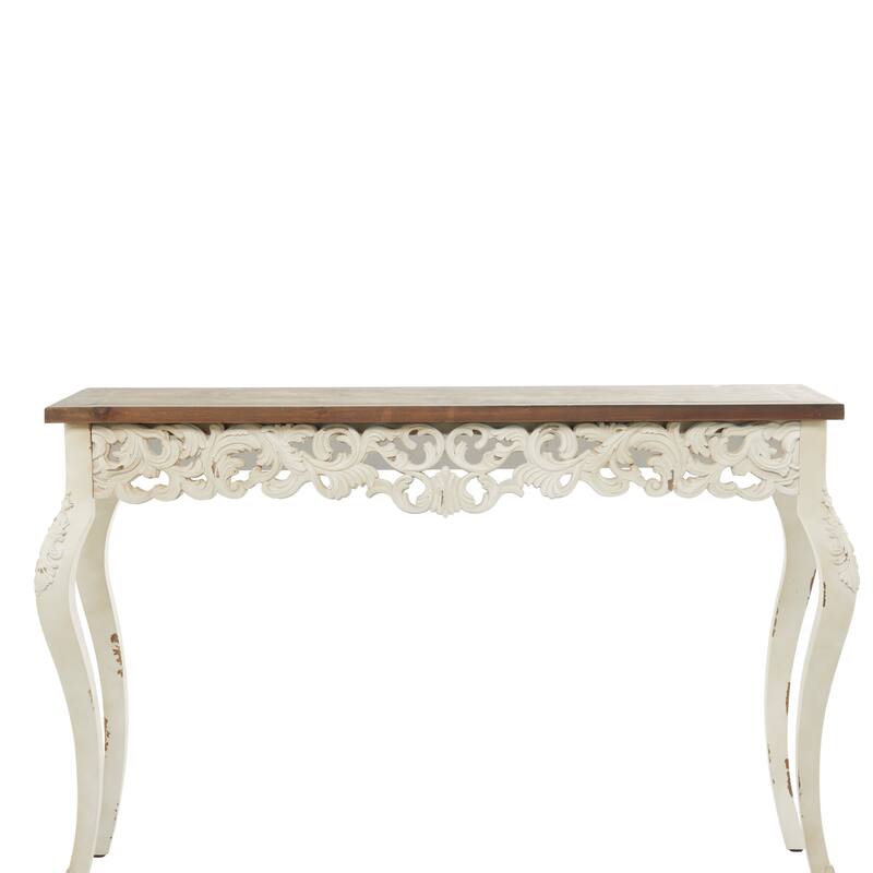 White Wood Intricately Carved Scroll Console Table with Brown Wood Top