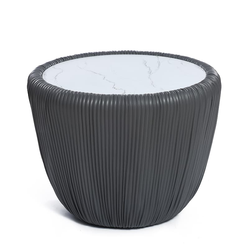 15.8" H Pleated Leather And Marble Tabletop Drum Round Side Table