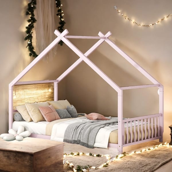 slide 2 of 11, 2 Size Pink Metal House Bed with Metal Frame Playhouse Design for Kids