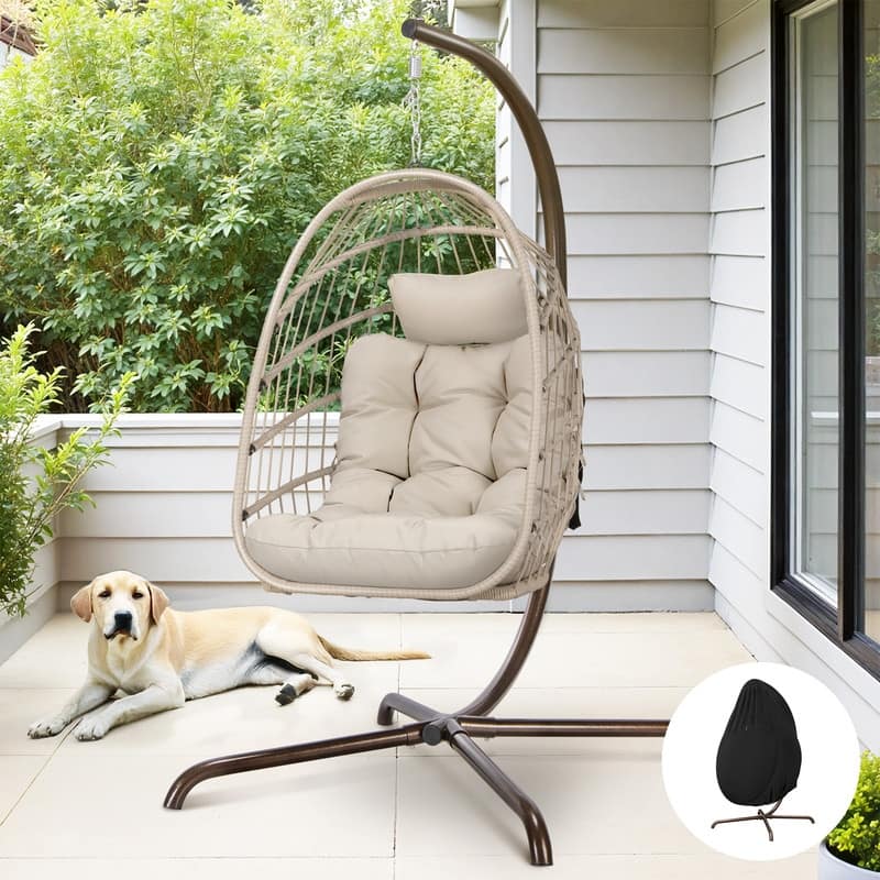 Oversized Wicker Hanging Egg Chair with Stand, Outdoor Indoor Swing Chair with Cushion, 350 lb Capacity