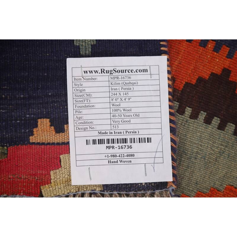 Kilim Qashqai Persian Vintage Hand-Woven Geometric Wool Carpet - 4'9" x 8'0"