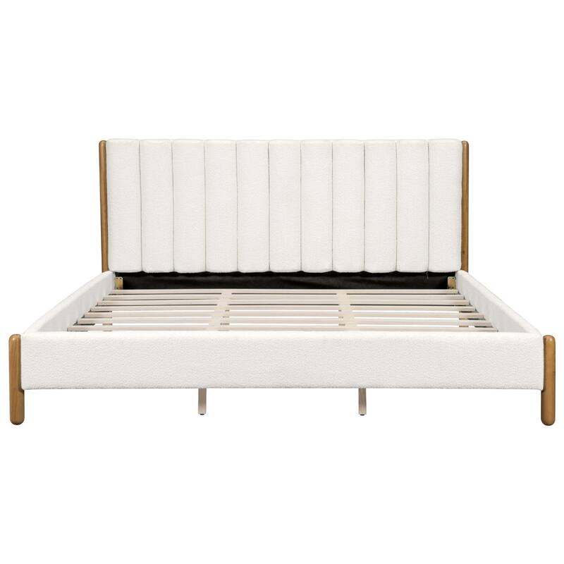 Boucle Upholstered Headboard Platform Bed Wooden Bed Frame