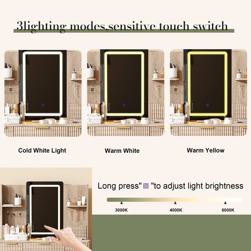 Anmytek 7-Drawer Vanity Desk with LED Mirror & PU Stool - Carved Details & Jewelry Storage for Bedroom