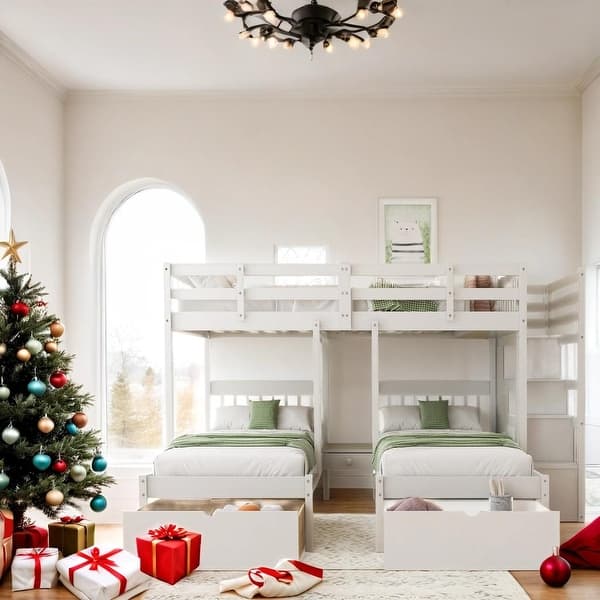 slide 2 of 36, Reliable Safety Design Full Over Twin & Twin Bunk Bed, Wood Triple Bunk Bed with Drawers and Guardrails White