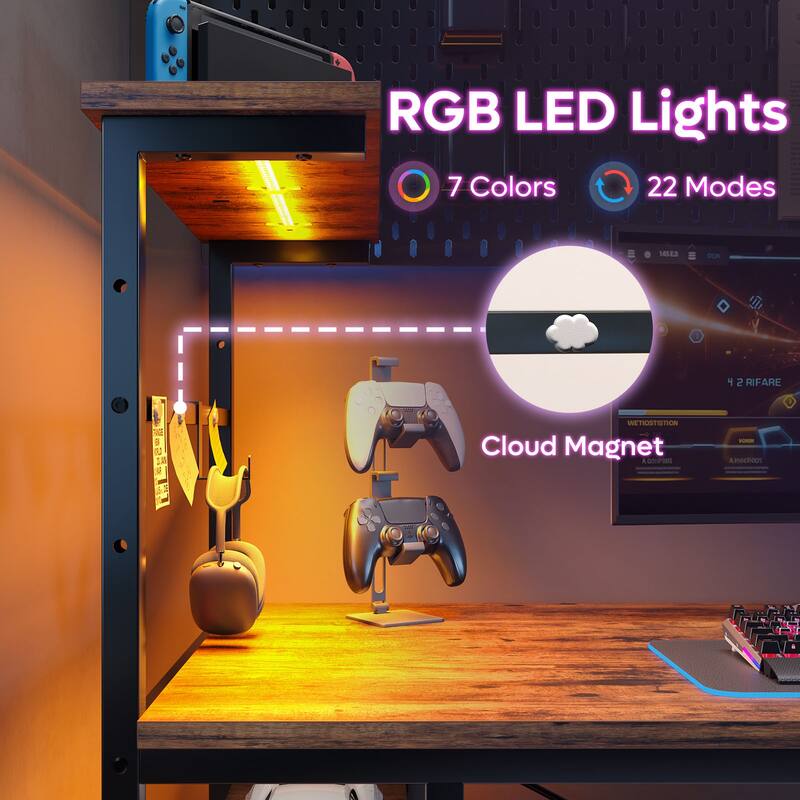 Bestier 44 in. Rectangular Gaming Desk with 4 Tier Storage Shelves Computer Desk with RGB LED Lights
