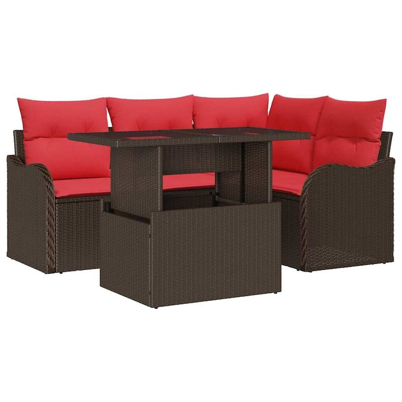 vidaXL 5 Garden Sofa Set with Cushions Black/Brown/Grey Poly Rattan - 69.9 x 48.2 x 27.2