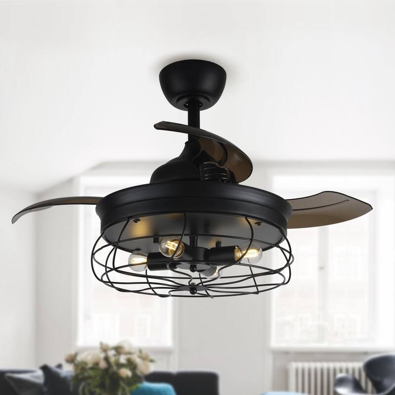 35-in Industrial Matte Black 4-Light 3-Blade Retractable Caged Ceiling Fan with Remote and Light Kit - 35-in W - Remote