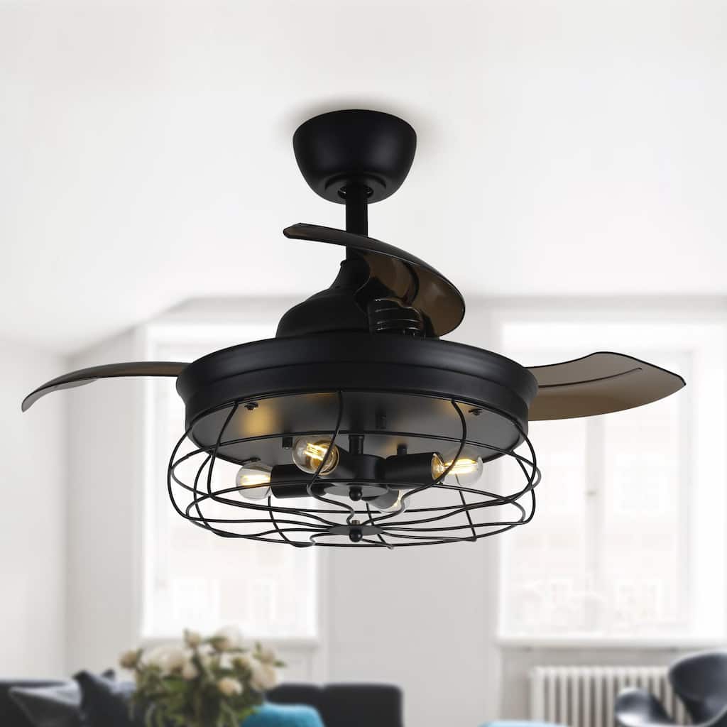 35-in Industrial Matte Black 4-Light 3-Blade Retractable Caged Ceiling Fan with Remote and Light Kit - 35-in W