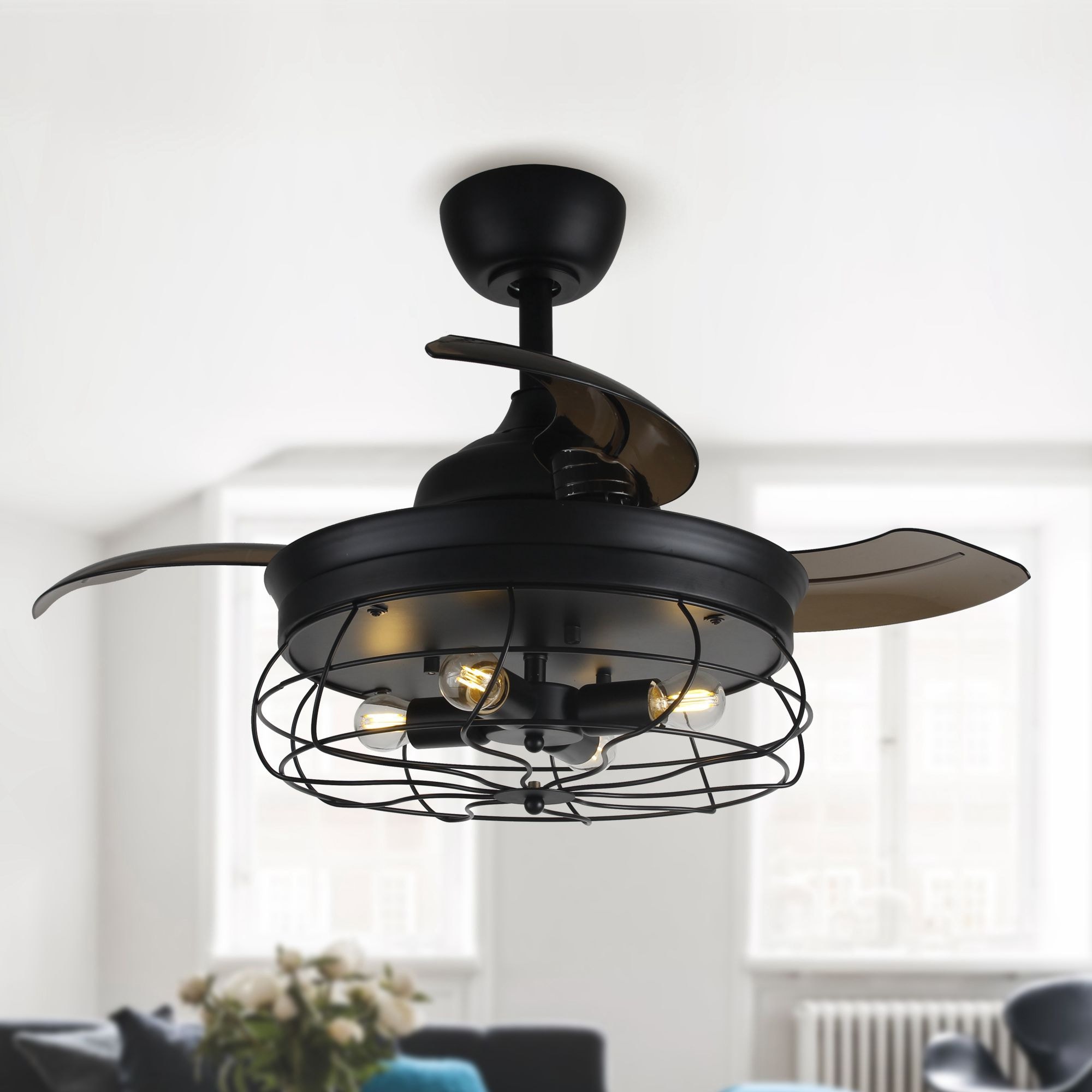 35-in Industrial Matte Black 4-Light 3-Blade Retractable Caged Ceiling Fan with Remote and Light Kit - 35-in W
