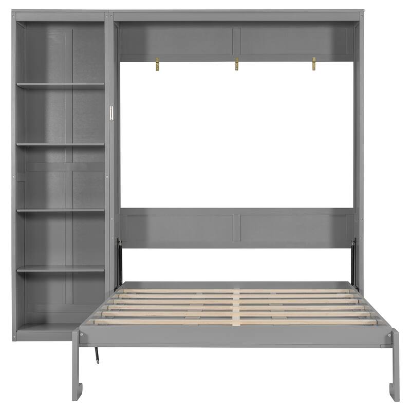 Roomfitters Queen Wall Murphy Bed with Adjustable Shelves Storage Cabinet Wood Frame