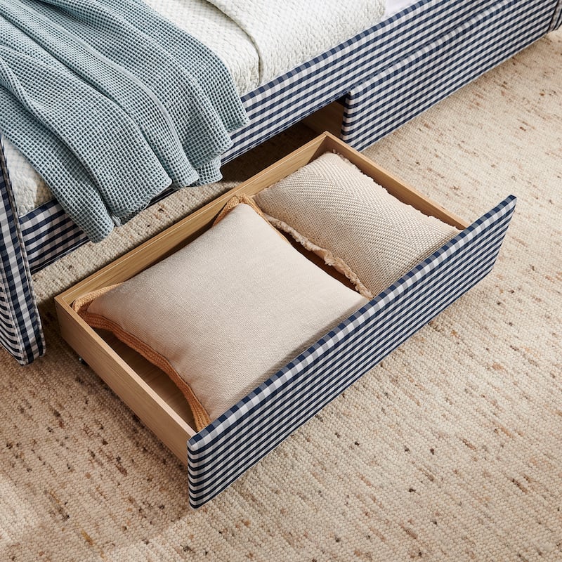 Twin Size Gingham Linen Upholstered Daybed with 2 Storage Drawers, USB Charging Station & Waved Arms