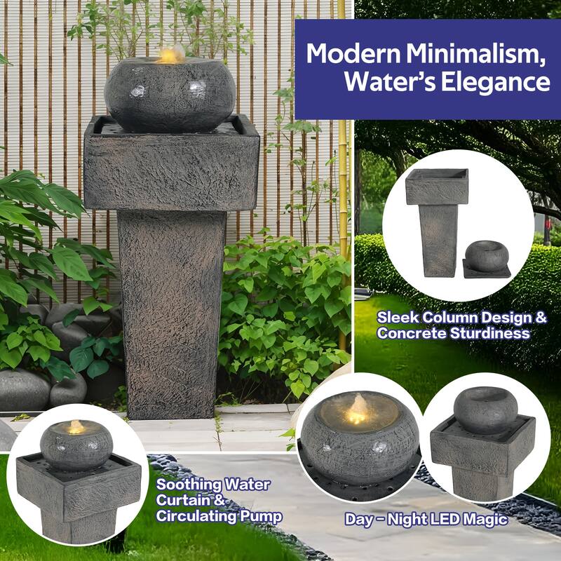 Roomfitters 25.5" Minimalist Modern Column Outdoor Fountain with LED Lights, Concrete Tiered Water Curtain for Patio, Gray