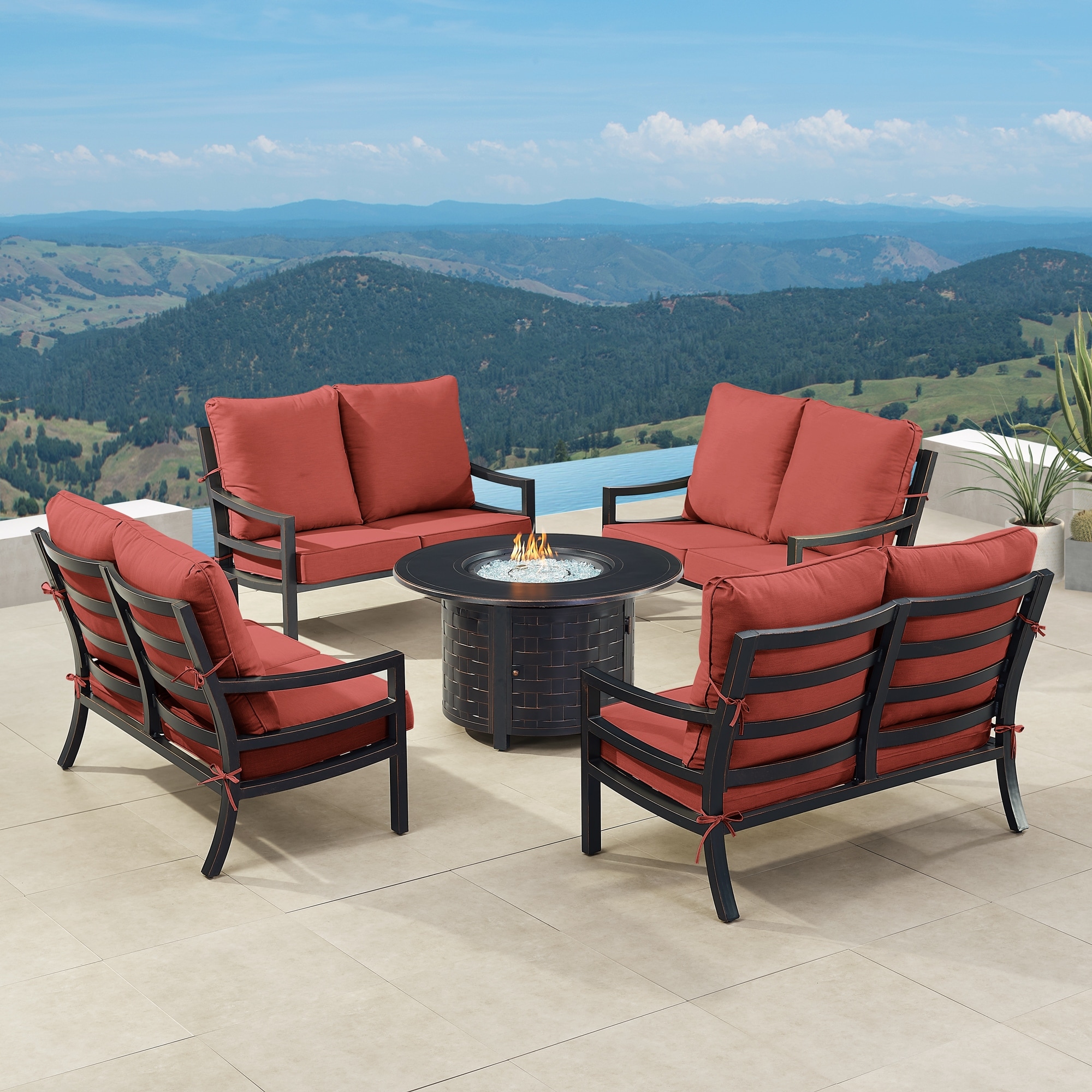 Black Aluminum Fire Table Set with Four Deep Seating Loveseat with Cushions