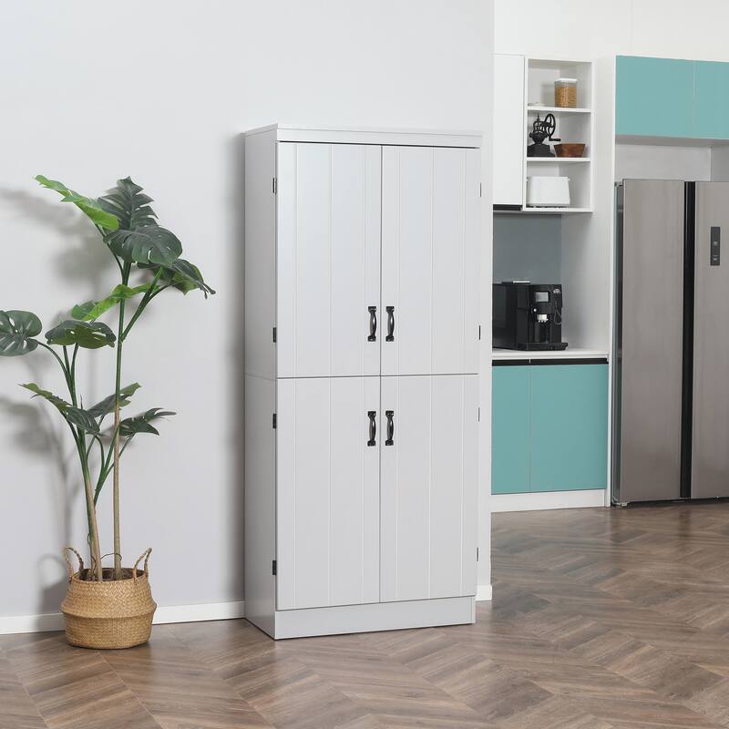 70" Kitchen Pantry, Tall Freestanding Storage Cabinet, 6-tier Shelving with 2 Adjustable Shelves and 4 Doors Gray