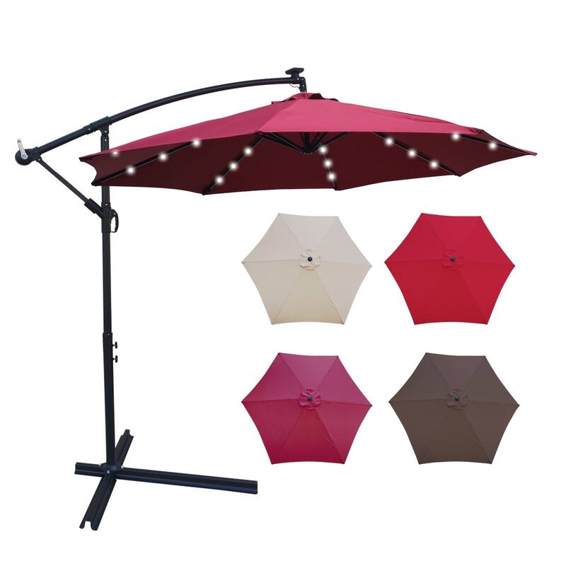 Outdoor Patio Umbrella Solar Powered LED Lighted Sun Shade Market Waterproof 8 Ribs Umbrella with Crank and Cross Base