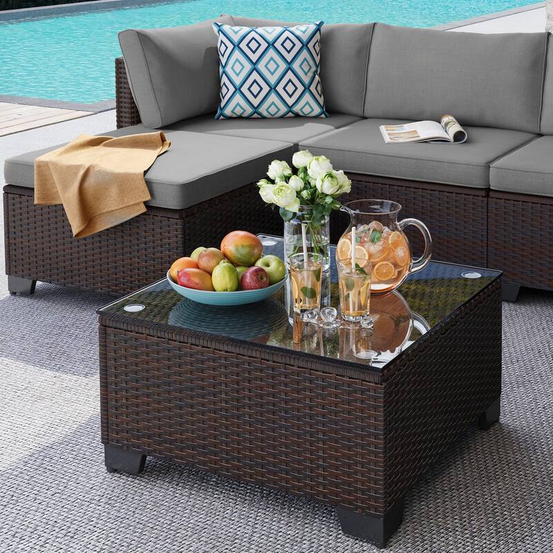 7 Piece Patio Furniture Set, All-Weather PE Rattan Outdoor Conversation Sofa Set with Waterproof Cushions & Coffee Table