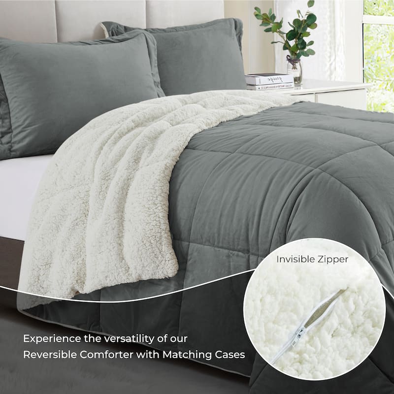 3 Piece Winter Reversible Comforter Set Faux Shearling Ultra Soft Minky Plush and Fuzzy Fleece Microfiber
