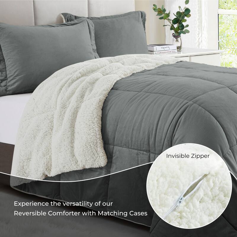 3PC Reversible Sherpa Down Alternative Comforter Set with Solid Color
