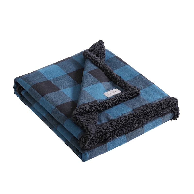 Eddie Bauer Cotton Flannel/Shearling Reverse Throw Blanket - Cabin Plaid Blue