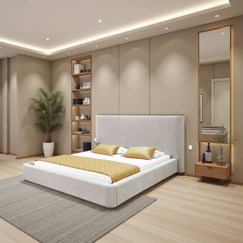 Orion Queen Bed with Low Profile Footboard, Gray Fabric Upholstered