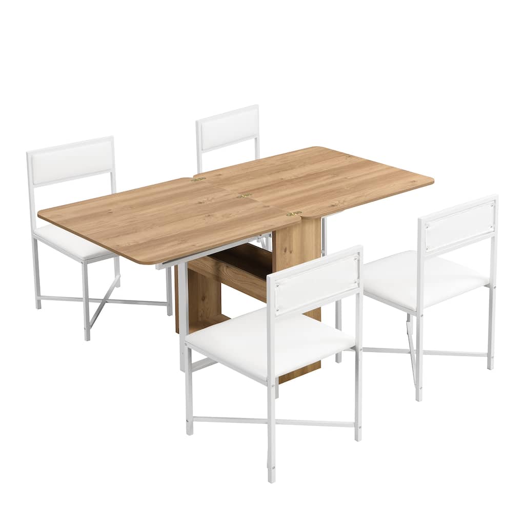 5-Piece Extendable Dining Table Set with 4 White PU Leather Chairs