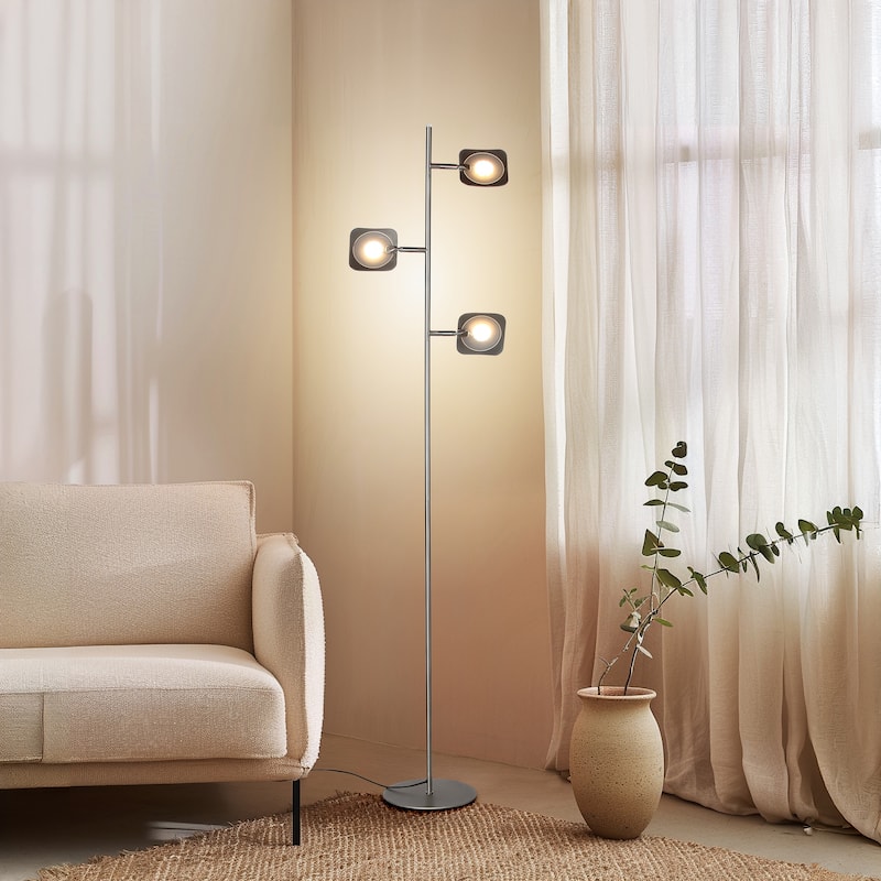 Brightech Tree 60 in. Platinum Silver Industrial 3-Light 3-Way Dimming LED Floor Lamp with 3 Adjustable Spot Lights