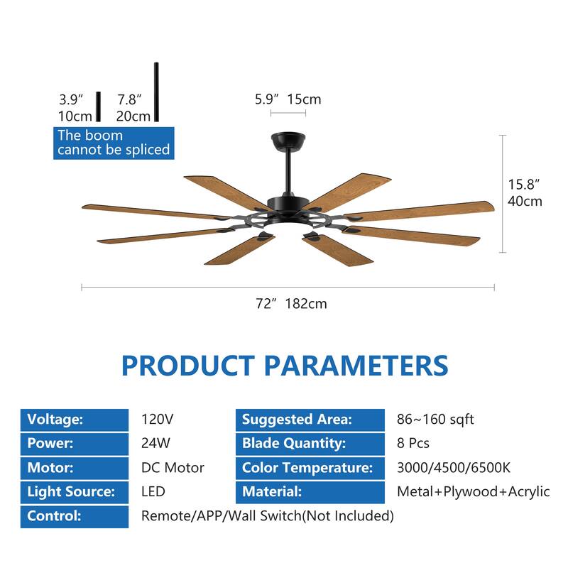 72-Inch 8-Blade Large Ceiling Fan,Reversible Quiet DC Motor
