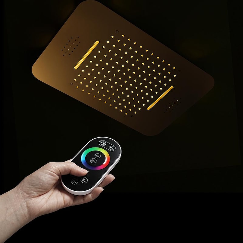 Polished gold ceiling mount 16 inch rainfall waterfall 64 LED lights Music rain shower system with body jets - 7'6" x 10'9"