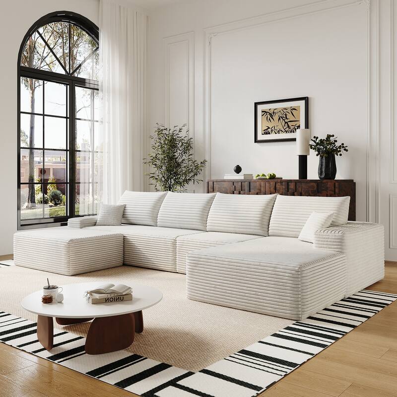 U Shaped Modular Sectional Sofa with Ottoman & Chaise, Corduroy Upholstered Boneless Couch, Corner Deep Seat Compressed Sofa