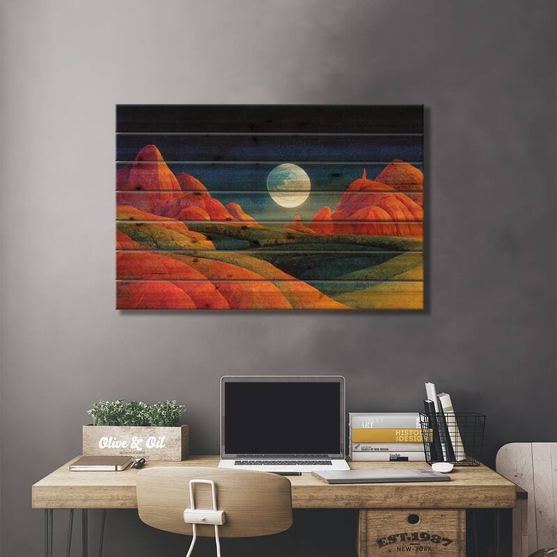 Mountain Landscape On A Moonlit Night IV Print On Wood by Mike Kiev - Multi-Color