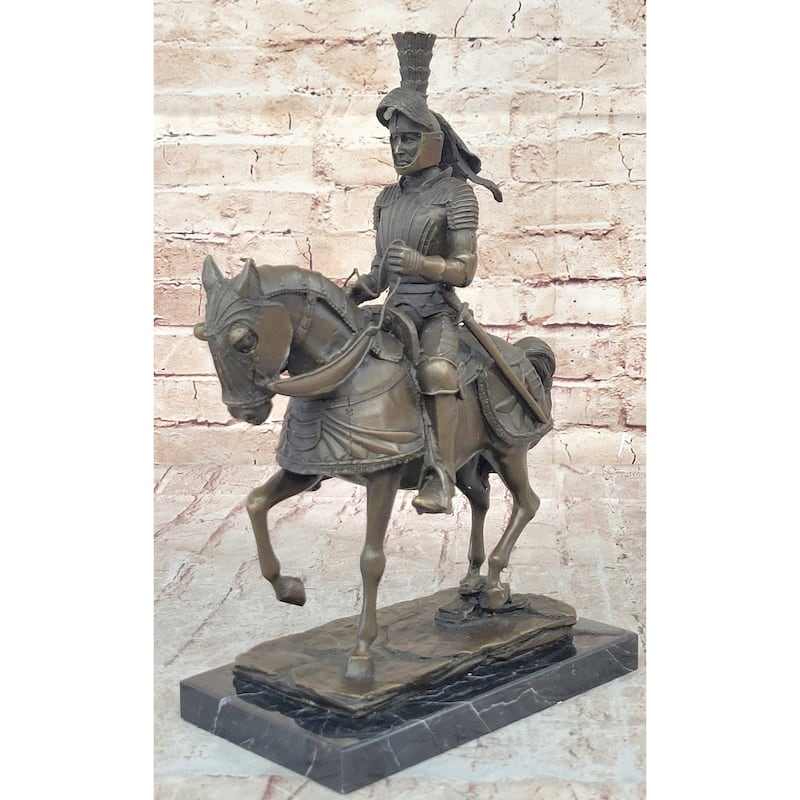 Medieval Chivalrous Knight On Imitative Horseback Bronze Sculpture Statue On Marble Base