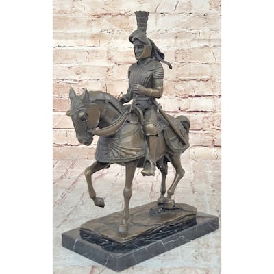Medieval Chivalrous Knight On Imitative Horseback Bronze Sculpture Statue On Marble Base